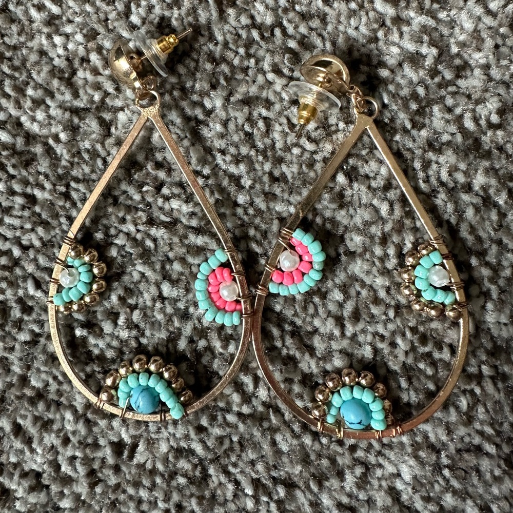 Park Lane Gold Earrings with Turquoise and Pink Beads hippy chic boho